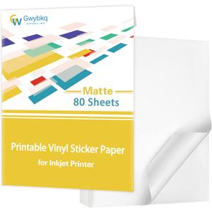 Gwybkq Premium Printable Vinyl Sticker Paper for Inkjet Printer,80 Sheets Matte White Waterproof Decal Paper, 8.5x11 inches,Dries Quickly and Holds Ink Beautifully