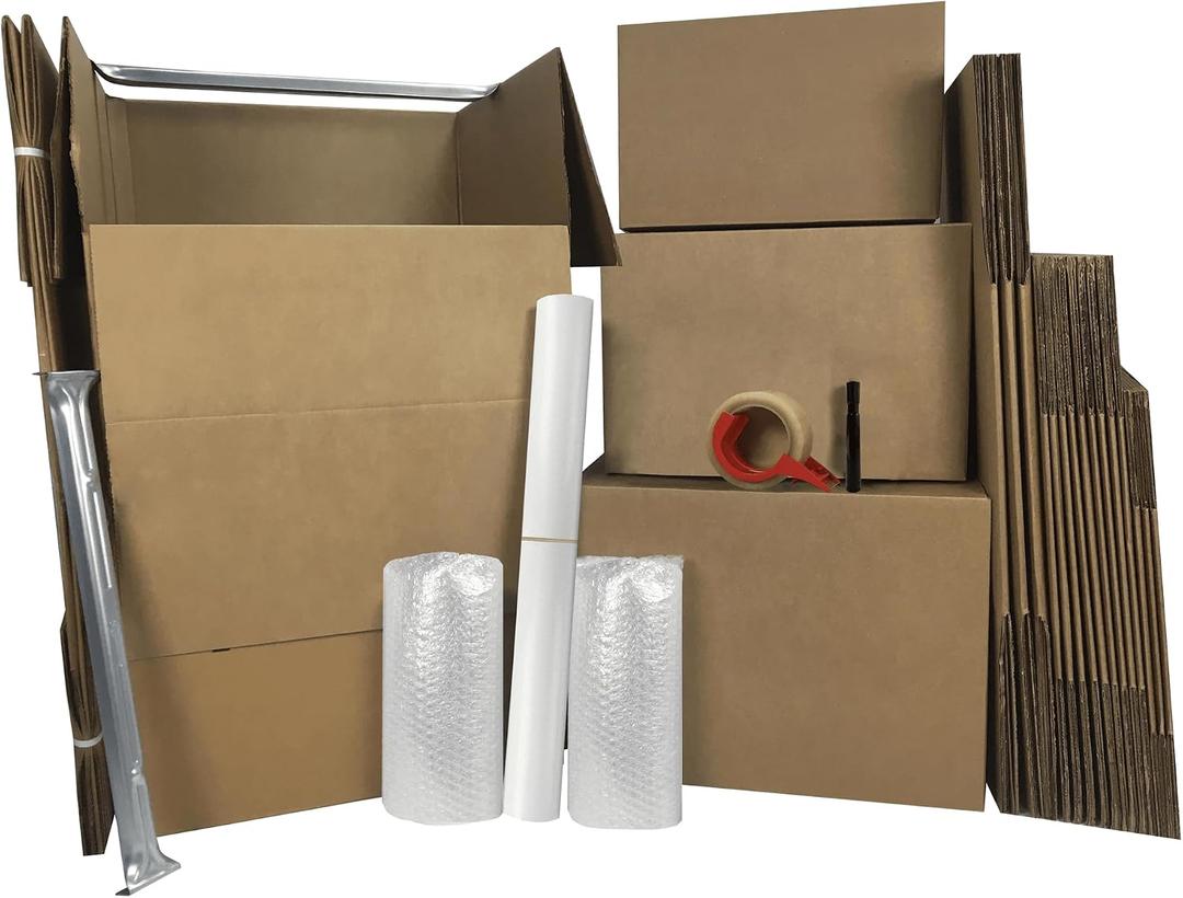 Wardrobe Moving Boxes Kit #, Small, Medium, Large & Shorty Wardrobe Boxes, Packing Paper, Tape, Dispenser, Bubble Roll & 1 Marker, Aparment Moving Boxes Kit