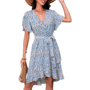 Womens Wrap V Neck Short Sleeve Dress 2025 Summer Floral Boho Dress Ruffle A Line Flowy High Low Midi Dresses (XXL)