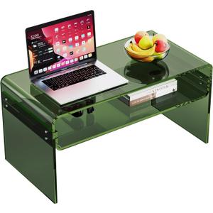 Acrylic Coffee Table for Living Room Clear Rectangle Lucite Table with Open Storage Shelf (1, Green, Nomal)
