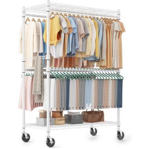 Homdox Heavy Duty Rolling Clothes Rack, Adjustable Clothing Rack for Hanging Clothes, Portable Closet Rack with 4 Hanging Rods, 2 Storage Shelves, 45" W x 20.5" D x 80" H, White