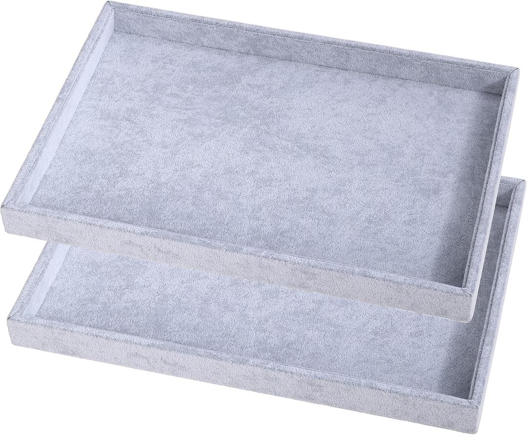 Mornajina 2 Pcs 13.8" x 9.5" Velvet Jewelry Tray Jewelry Display Tray Flat Tray, Stackable Empty Plate Trays for Earrings Necklaces Bracelet Rings Display Showcase - Grey