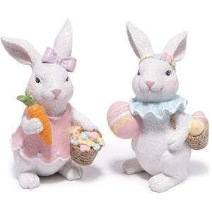 Hodao Easter Bunny Figurines Set, Spring Rabbit Decor with Easter Eggs Basket, Floral Wreath Bunny Statues, Tabletop Home Decoration for Living Room, Entryway