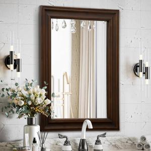 Rustic Wooden Framed Wall Mirror, 32" x 24" Wood Bathroom Mirrors for Wall Mounted, Dcor Wall Art, Vertical or Horizontal Hanging(Dark Brown) (32"L x 24"W)