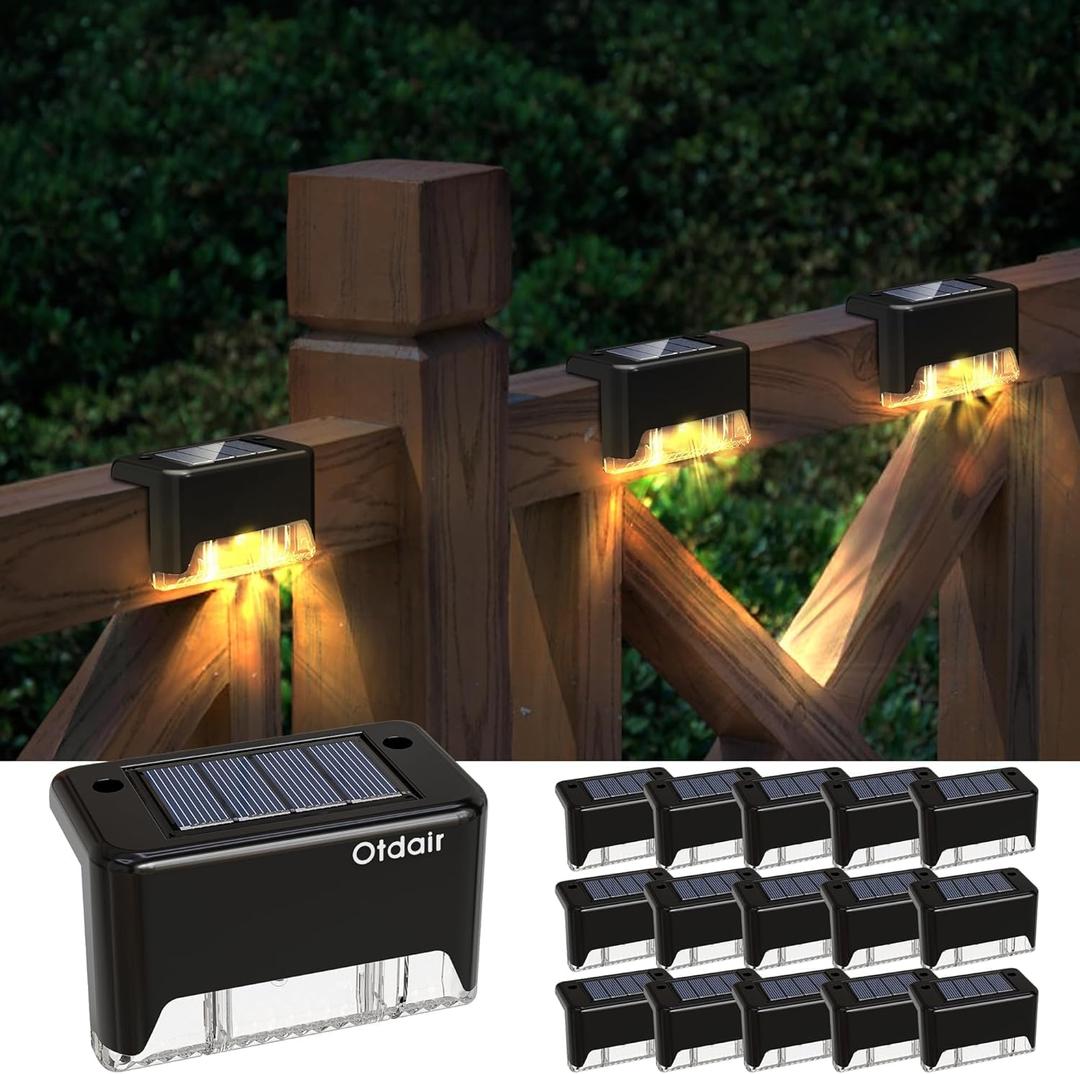 Otdair Solar Deck Lights - 16 Waterproof LED Step Lights for Deck, Stairs, Yard, Patio, and Pathway (Warm White), Black