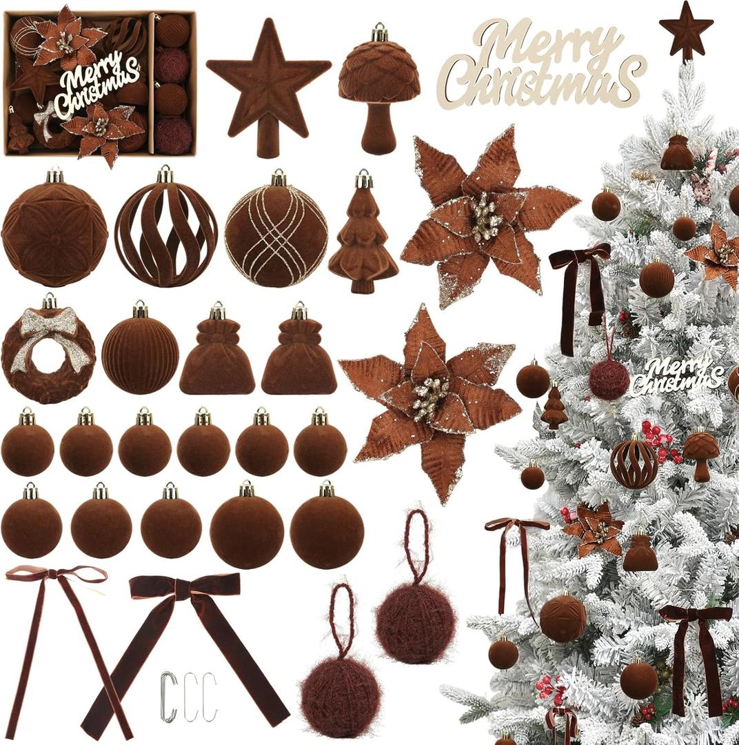 Christmas Ornaments Set, 38Pcs Brown Velvet Christmas Ornaments for Xmas Tree Decorations Shatterproof Hanging Flocked Balls Assorted for Indoor Home Party Holiday Decor Gifts