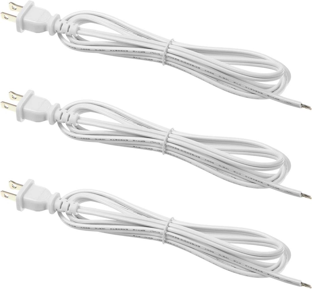 3 Pack Lamp Cord with Molded Plug, Lamp Cord Stripped Ends Ready for Wiring (White, 6 Feet)