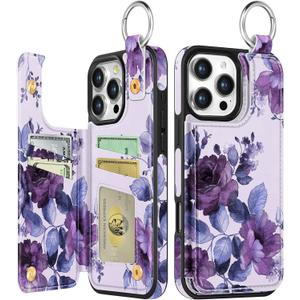 Shorogyt Compatible with iPhone 16 Pro Max Wallet Case with Card Holder - Cute Purple Flower Design Kickstand for Magnetic Clasp Back Flip Folio Leather Phone Covers for Women Men Girls