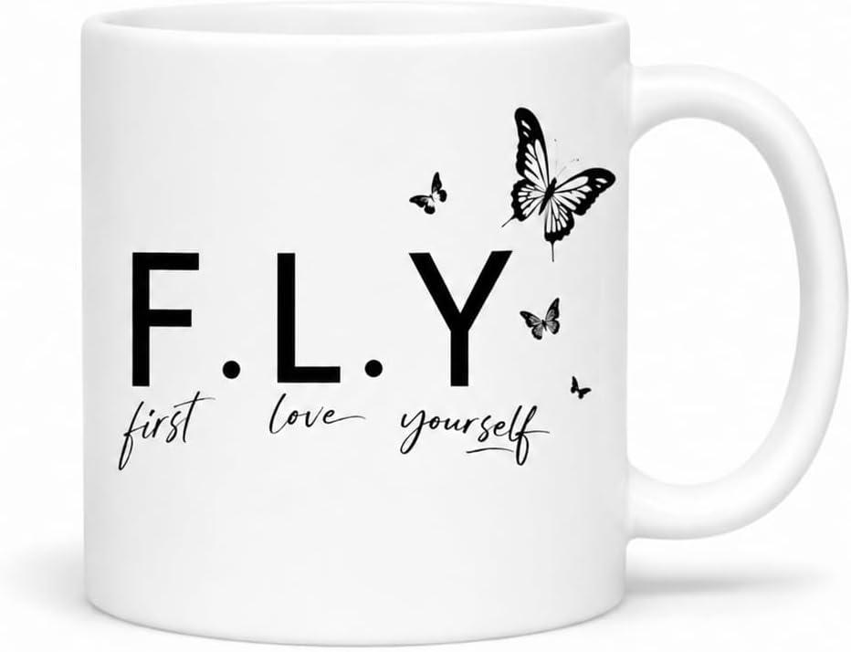 Self Love Gifts for Women, FLY First Love Yourself Coffee Mug, Inspirational Positive Affirmation Mug, Encouragement Self Care Gift for Friend Sister Mom Coworker, Birthday Thank You Gift