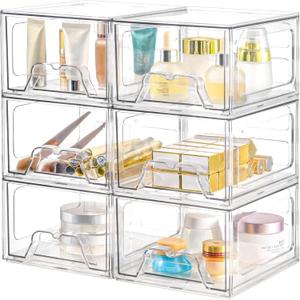 Plastic Drawers Storage, 6 Pack Clear Stackable Storage Drawers, Acrylic Storage Bins with Drawers for Fridge Organizers, Small PlasticDrawers Stackable for Makeup Organizers, Cosmetic Display
