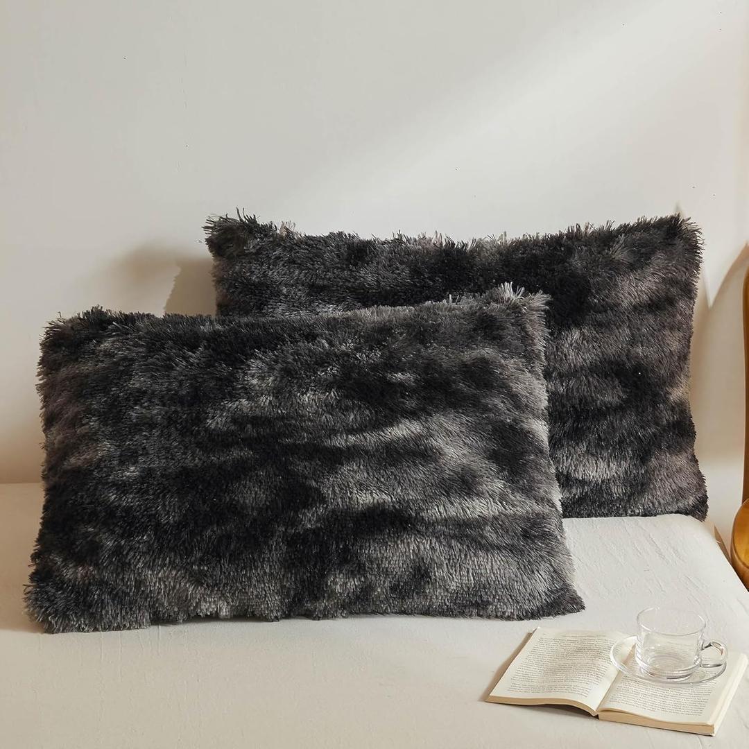 XeGe Tie Dye Faux Fur Fluffy Throw Pillow Cases, Plush Shaggy Soft Furry Pillowcases, Marble Print Velvet Fuzzy Decorative Pillow Covers for Bed Couch Zipper Closure, Set of 2(King, Tie Dye Black)