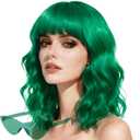 Green Wig and Sunglasses Set - 15 Inch Wavy Wig With Bangs - Heat Resistant Shoulder Length Curly Bob Wigs for Women - Bachelorette Party Costume Cosplay (Green)