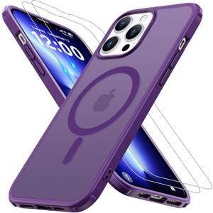 Magnetic for iPhone 12/13 Pro Max Case [Compatible with MagSafe] with 2X Screen Protector, Military-Grade Slim Shockproof Phone Cover Translucent Matte Anti-Fingerprint Anti-Scratch,6.7 inch,Blue and Purple (2 Set)