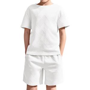Haloumoning Boys 2 Piece Summer Outfits Short Sleeve Tshirts and Elastic Waist Shorts Casual Texture Sets (White, 9-10y)