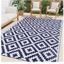 Smiry Outdoor Rug 8x10 ft Waterproof Reversible Boho Mat, White & NavyPolypropylene Plastic Straw, Quick Drying, Lightweight Foldable, for Patio, Deck, RV Camping, Backyard and Indoor Outdoor Use