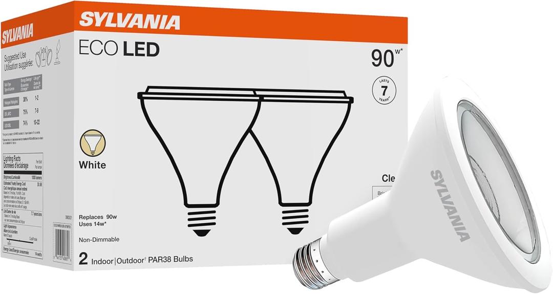 Sylvania ECO LED PAR38 Light Bulb, 90W = 14W, 7 Year, Non-Dimmable, 1000 Lumens, Clear, 3000K, White  2 Pack (40881)
