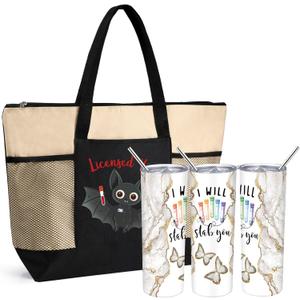 Buryeah 2 Pcs Nurse Appreciation Week Gifts I Will Stab You 20 oz Marble Tumbler Lid Large Tote Bag with Mesh Pockets Thank You for Nurse Doctors Day Gift(Khaki)