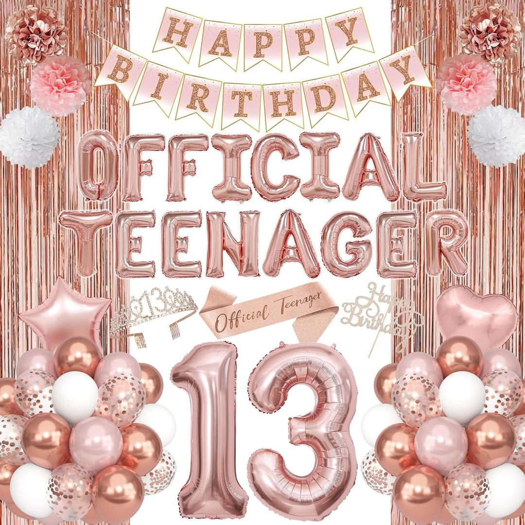 13th Birthday Party Decorations for Girls, Rose Gold Official Teenager Foil Balloons 13th Birthday Banner Fringe Curtain Crown Sash Paper Pompoms Cake Topper for 13 Year Old Girls Party Favor Supplies