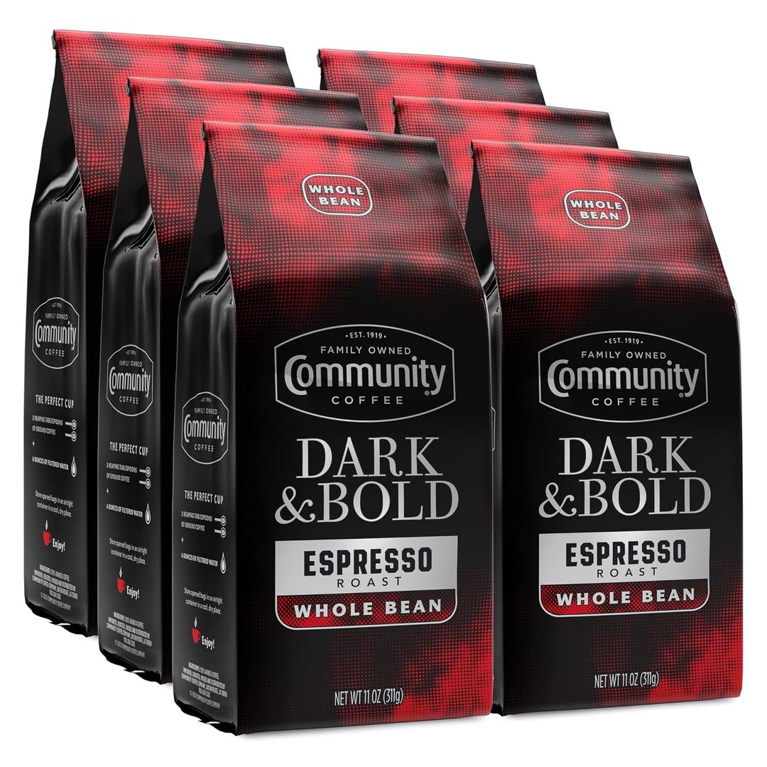 Community Coffee Dark & Bold Espresso Blend, Dark Roast Whole Bean Coffee, 11 Ounce Bag (Pack of 6) (EXP 08/19/26)