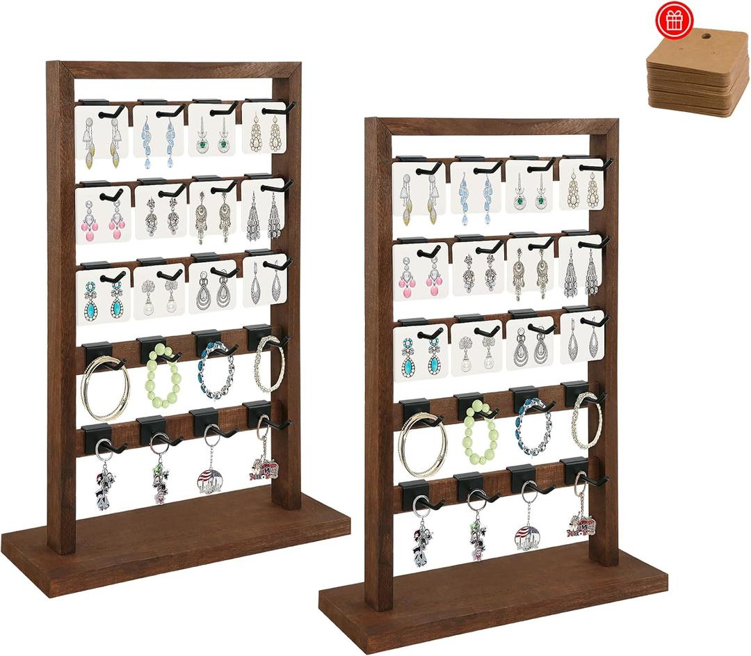 2 Pcs Set Wooden Jewelry Display Rack with 40 Removable Hooks | 40 Earring Cards, 5-Tier Earring Display Stand for Earrings, Necklaces, Bracelets, Keychains(Brown)