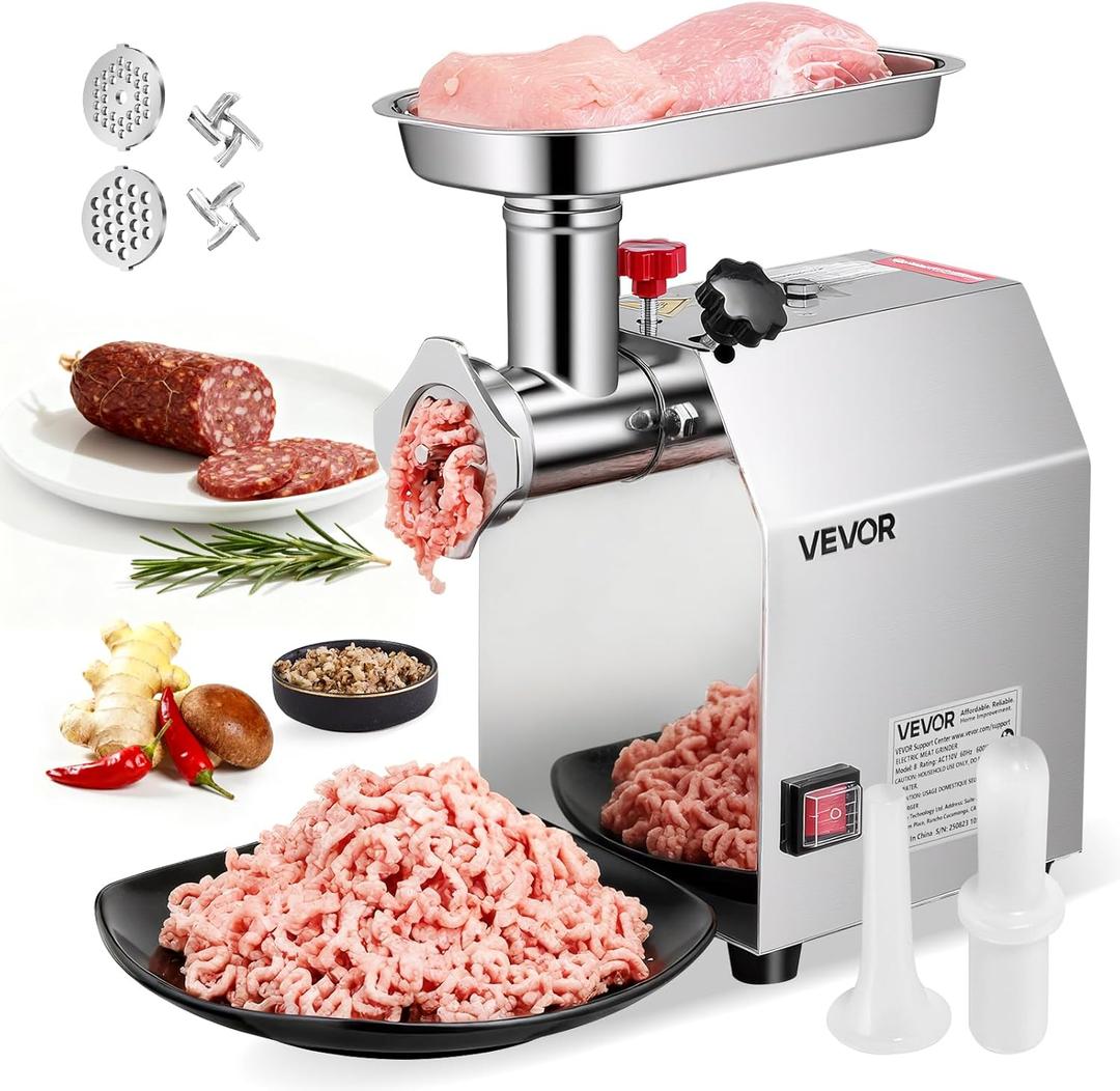 VEVOR Commercial Electric Meat Grinder, 5 lbs/min Capacity, #8 Industrial Meat Mincer with 2 Stainless Steel Blades, 2 Grinding Plates, 600W Heavy-Duty Sausage Maker Stuffer, for Kitchen, Restaurant