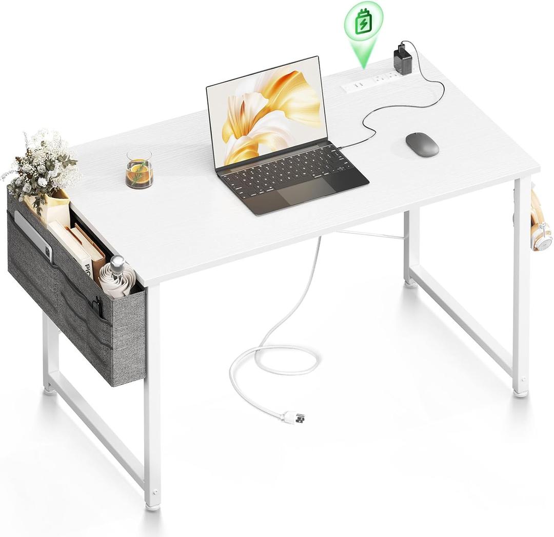 ODK Computer Desk - 40 Inch Office Writing Desk for Home, Student Study Desk with Storage Bag, Headphone Hook & Power Outlets, Modern Simple Table for Bedroom, White