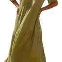 R.Vivimos Womens Summer Cotton Flowy Maxi Dress Short Sleeve V Neck Empire Waist Boho Tiered Ruffle Casual Loose Long Dresses