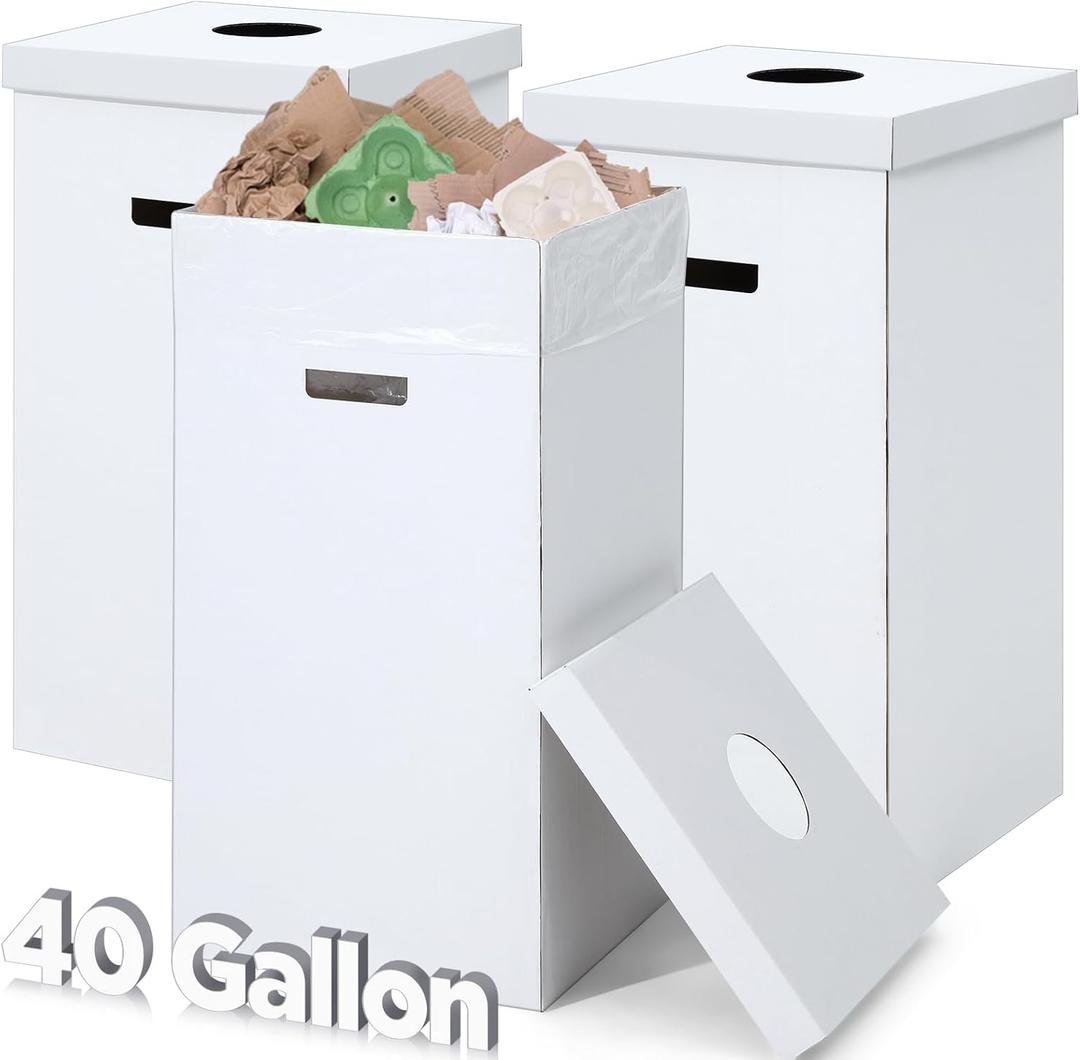 3 Pcs Cardboard Trash Cans with Lid Disposable and Reusable Corrugated Cardboard Trash Cans Recycling Bins Bulk with 6 Garbage Bags White Rubbish Boxes for Parties Events(40 Gallon)