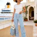 luvamia Striped Jeans for Women Wide Leg High Waisted Trendy Patch Pockets Stretchy Denim Pants Casual Trouser Jeans (L)