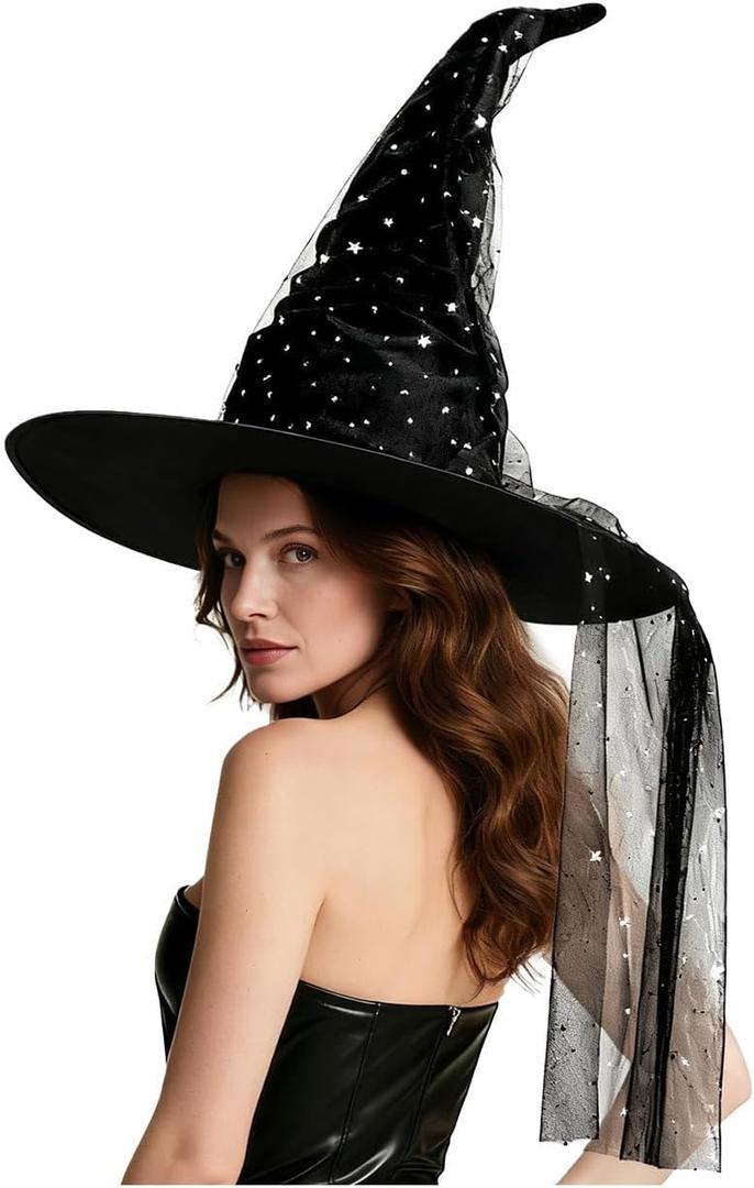 Halloween Black Witch Hats for Women Adult - Halloween Adult Witches Hat Costume Accessories for Women, Sparkly Best Fancy Witch Hat With Veil for Girl Woman Celestial Sequin Witches Hats (Black)