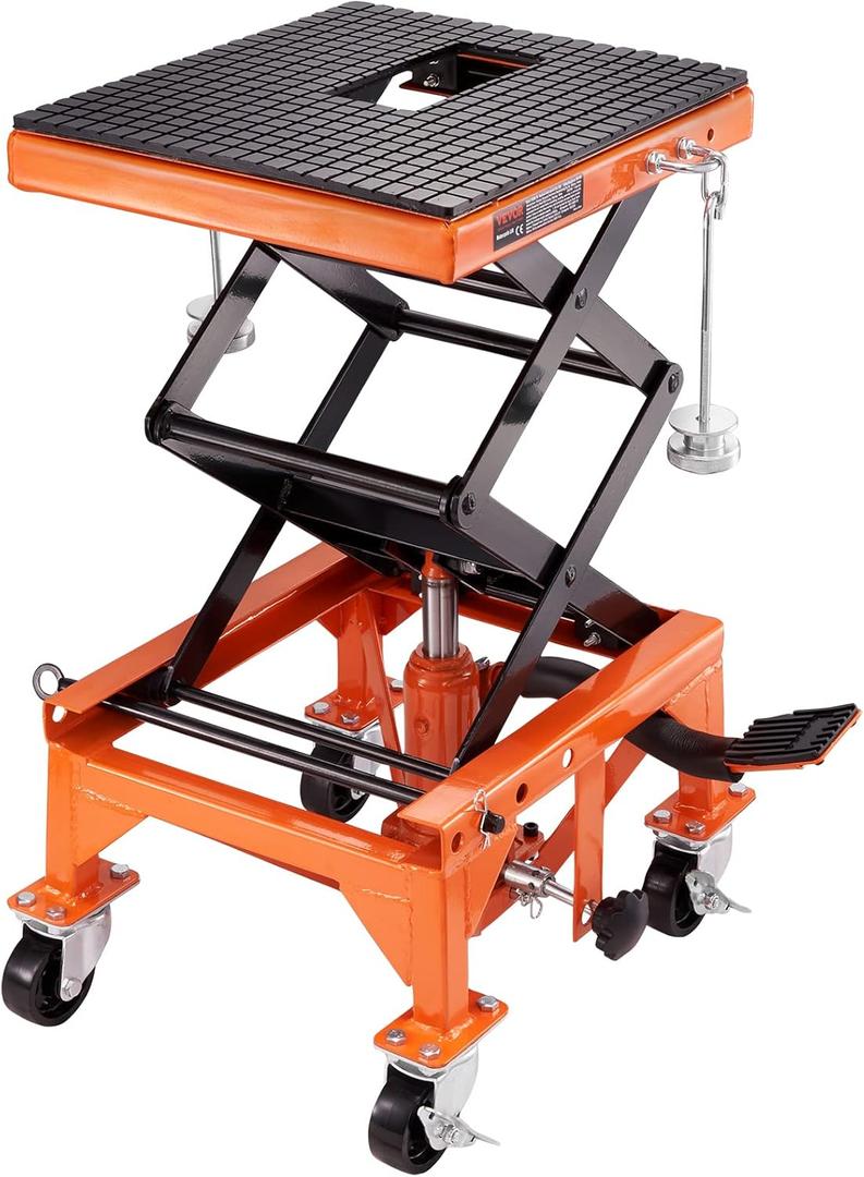 VEVOR Hydraulic Motorcycle Lift Table, 350 lbs Capacity Motorcycle Scissor Jack Lift with Wide Deck, J-Hooks, 4 Wheels, Hydraulic Foot-Operated Jack Stand for ATV Dirt Bikes