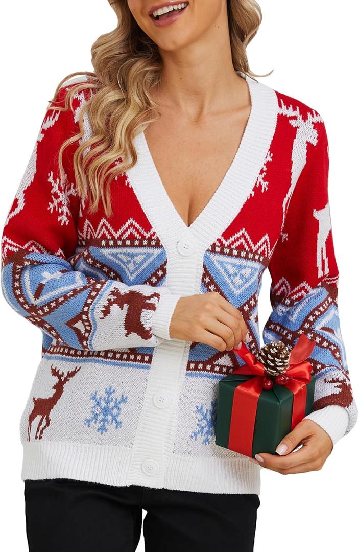 VENTELAN Classic Cardigan Ugly Christmas Sweaters for Women V Neck Button Down Sweater with Fun Patterns and Animals,S-2XL (S)