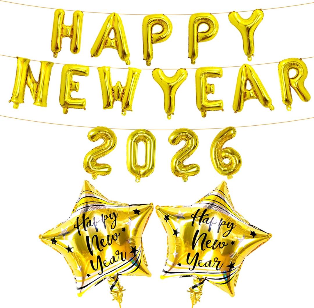 Gold Happy New Year 2026 Balloons - 18 Inch Gold Star New Years Balloons | Happy New Years Decorations 2026 | New Years Eve Party Supplies 2026, NYE Decorations | 2026 Balloon Numbers