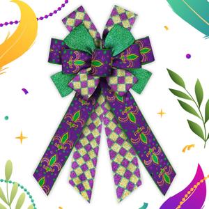 Hying Large Mardi Gras Bows for Wreath, Mardi Gras Fleur de Lis Wreath Bows Glitter Purple Plaid Bows Fat Tuesday Tree Bows Ornaments for Front Door Home New Orleans Carnival Decorations
