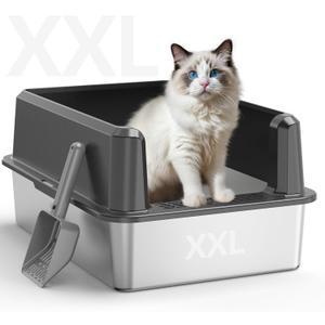 Enclosed Stainless Steel Cat Litter Box with Lid, XL Extra Large Litter Box for Big Cats, Metal Litter Pan High Sided, Never Absorbs Odors, Anti-Urine Leakage, Include Scoop (65-Darkgray)