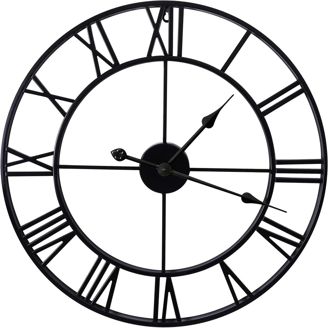 Large Wall Clocks Non-Ticking Silent 30 inch Battery Operated Oversized Metal Round Roman Numerals European Industrial Wall Clocks for Home Kitchen Living Room Office Decor (Black)