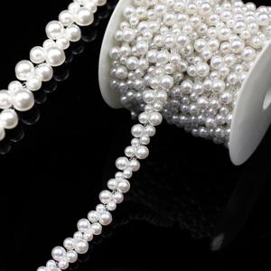 2 Yard Pearl Trim Chain String Silver Applique Fringe Ribbon Strips Beads Sewing Dress DIY Party Wedding Bouquet for Decoration Bridal Costume Embellishment