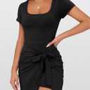 Caracilia Women Summer Short Sleeve Square Neck Bodycon Tie Cinched Waist Romper Mini Dress Athletic Night Out Vacation Dress, Small