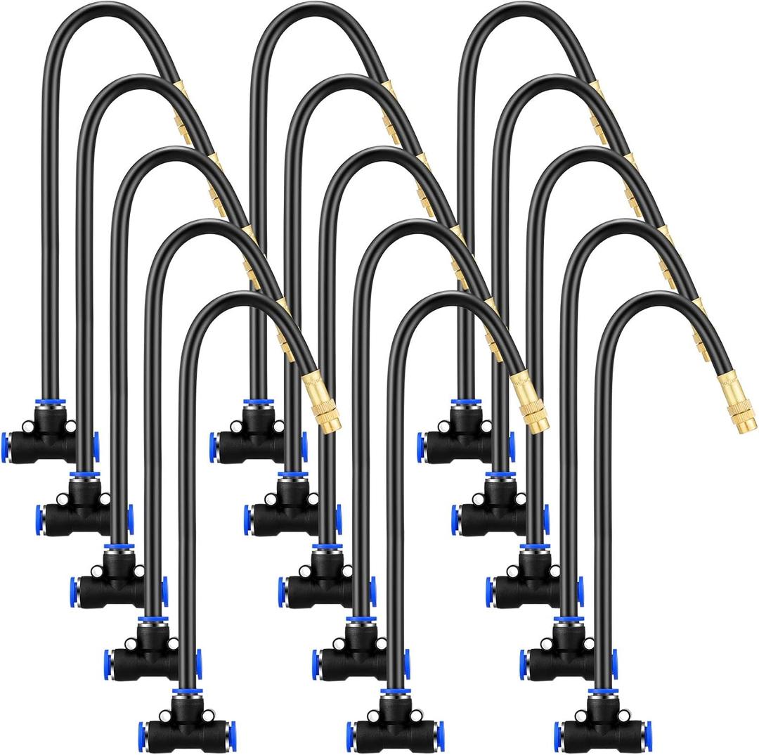 Zonon 15 Pcs Brass Misting Nozzles Tee with 16" Built in Hose for 0.32"/8 mm Tubing 360 Degree Rotation Adjustable Water Mister Nozzle Thread Sprayer Misting Part Accessories for Patio Outdoor Cooling