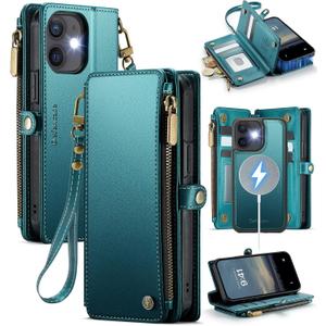 Defencase for iPhone 12/ Pro Magnetic Wallet Case Compatible with Magsafe with RFID Blocking Zipper Strap Card Holder for Women, PU Leather Detachable Case for iPhone 12 & 12 Pro 6.1 inch, Blue Green