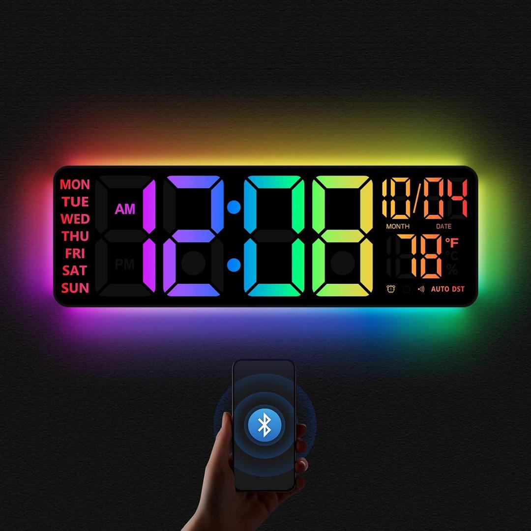 16" Digital Wall Clock with Night Light, Digital Clock with RGB Colors Changing Remote Control, Dual Alarm, Dimmer, Auto DST, Voice Control, Auto Time Sync, Clocks for Living Room, Gift for Elderly (Black)