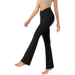 ODODOS Women's Cross Waist Flare Yoga Pants with Hidden Pocket, Sports Bootleg Athletic Bootcut Workout Pants -Inseam 31", Black, X-Small