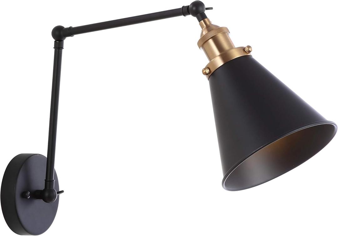 JONATHAN Y JYL7462A Industrial Adjustable Arm Wall Sconce, 7" Hardwired Wall Lamp in Black and Brass Gold Finish, Farmhouse Metal Reading Light for Bedroom, Bedside, Living Room, LED Bulb Included (Set of 1)