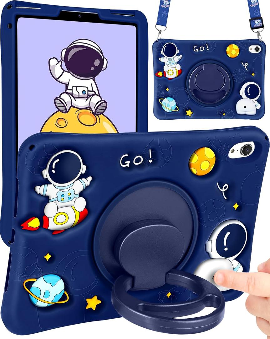 For iPad mini 7 A17 Pro 2024, for iPad mini 6 Case 8.3 Inch Boys Cute Astronaut Cover Kawaii Spacemen Cool with Rotating Stand + Strap Soft Silicone Funda for iPad mini 7th/6th Gen Cases