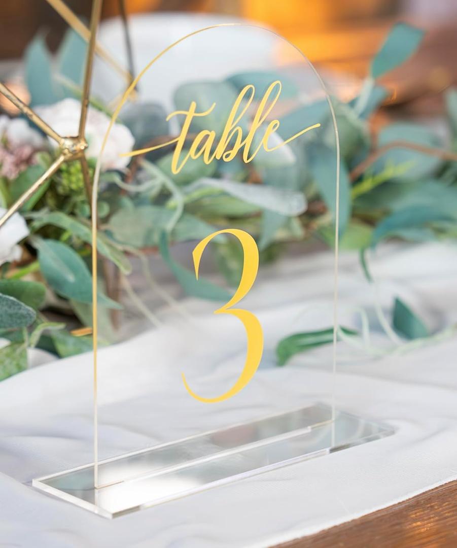 Arch Wedding Table Numbers 1-10 with Stands, Elegant Gold Number 5.5 x 7 Arch Acrylic Signs with Holders, Clear Acrylic Table Numbers for Wedding Reception, Anniversary, Party, Events