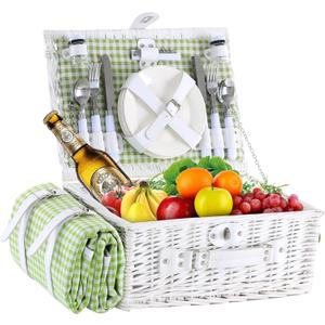 Wicker Picnic Basket for 4 with Waterproof Picnic Blanket and Insulated Cooler, Willow Hamper for Camping, Outdoors, Photoshoot, or a Birthday, Valentines Day, Wedding Gift, Green
