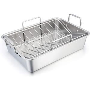 TeamFar Stainless Steel Roasting Pan, 16 Inch Large Turkey Roaster Lasagna Pan with V Rack & Cooling Rack Set for Roasting, Baking, Healthy & Heavy Duty, Deep Side & Dishwasher Safe - 3 PCS