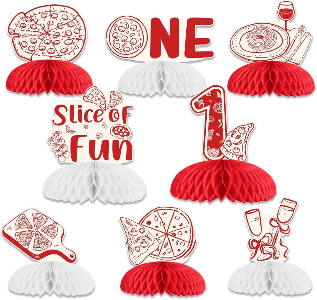 Cheereveal 8PCS Pizza 1st Birthday Honeycomb Centerpieces, Slice of Fun Table Topper Decorations, Italian Food Cooking Themed First Birthday Baby Shower Party Supplies