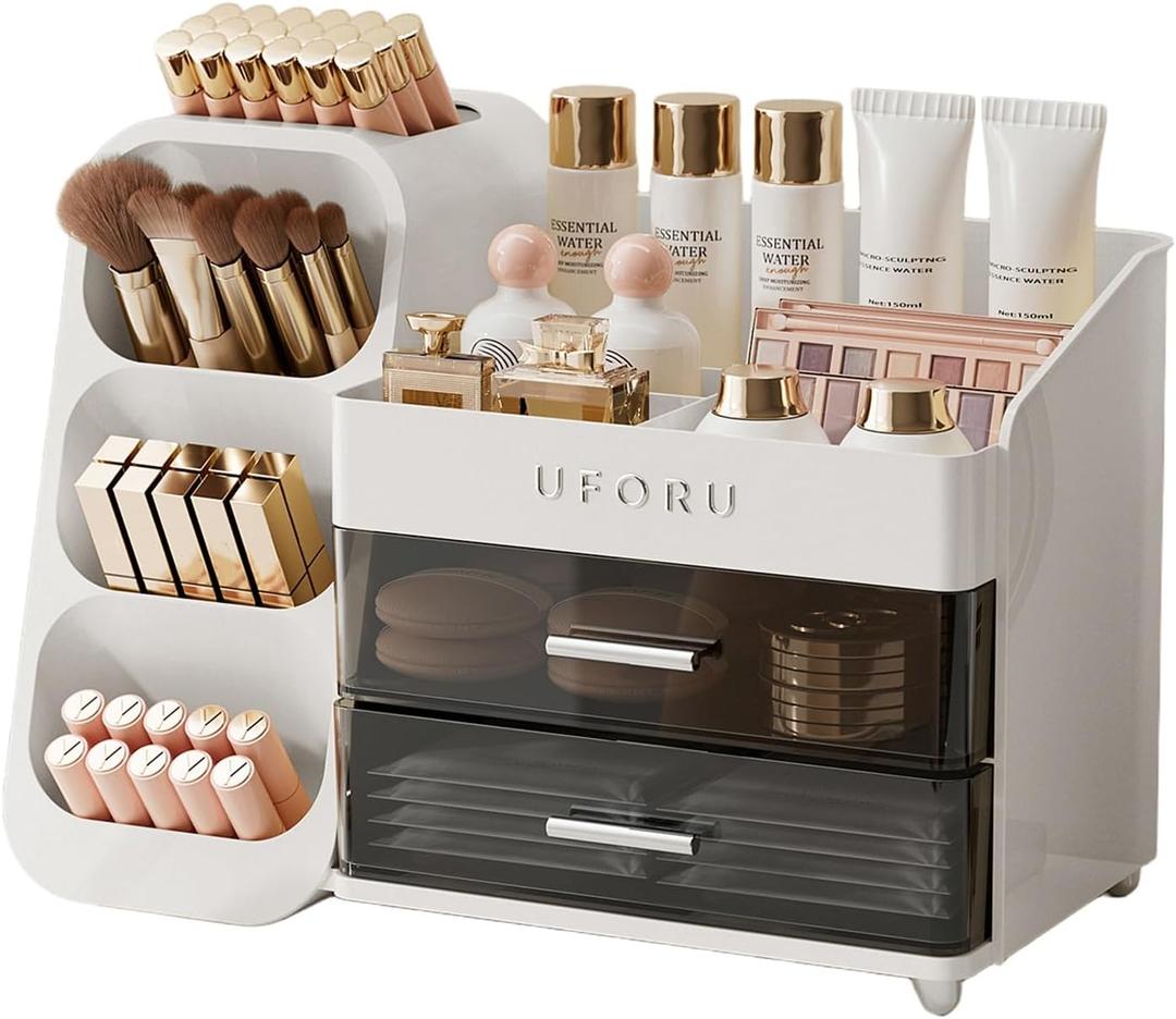 Makeup Organizer for Vanity with Brush Holder, Countertop Skincare Organizer with 2 Drawers, Spacious Cosmetic Display Case for Perfumes, Eyeshadow Palettes, Nail Polishes (Large, White)