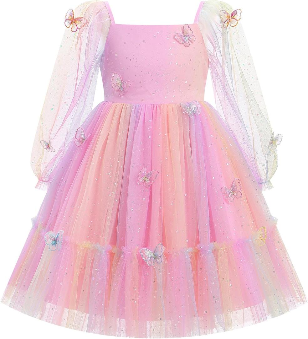 Kids Girls Birthday Party Long Sleeve Star Glitters Tulle Tutu Dress 3D Butterfly Star Sequins Ruffle Dress, 7-8Yrs